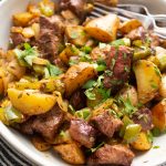 Air Fryer Steak Tip Dinner with potatoes, peppers, and onions done in 30 minutes